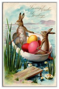 Postcard Easter Greetings Fantasy Rabbits Rowing Egg Boat c1907 J25