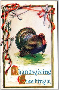 1909 Thanksgiving Greetings Wild Turkey Red Ribbon Design Posted Postcard