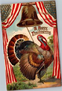 Postcard Patriotic Thanksgiving Turkey Ringing Bell with American Flag embossed