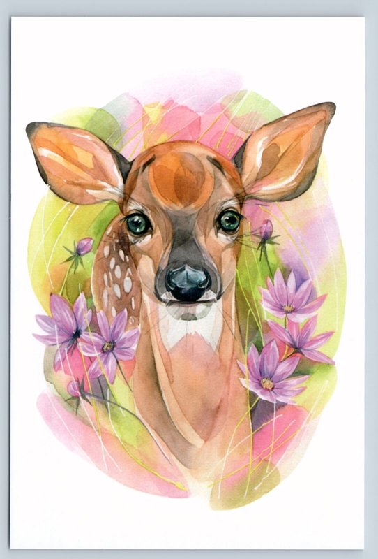 DEER FAWN in Flowers Forest Animal So cute Unusual Graphic New Unposted Postcard