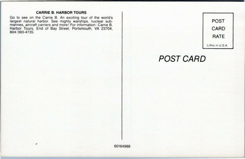 postcard Portsmouth Virginia Carrie B Harbor Tours - tour boat