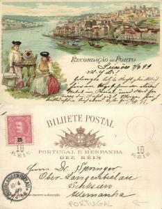 portugal, PORTO, Multiview Lithography, Panorama, Costumes (1899) Stamp