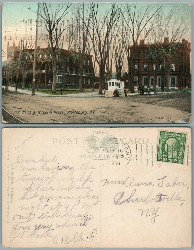 PLATTSBURGH N.Y. POST OFFICE & WITHERILL HOUSE 1909 ANTIQUE POSTCARD