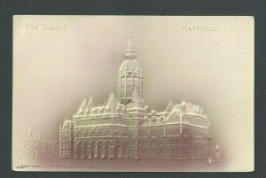 Ca 1904 Post Card Hartford CT The Capitol Pink Airbrushed Embossed W/Tinsel