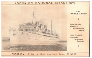 Canadian National Steamships TSS Prince David Miami to Nassau Florida Postcard