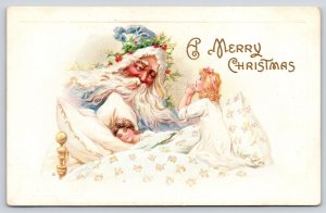 Victorian Christmas~Santa in Blue Hat Holly Trim~Girls in Brass Bed~Meeker #586