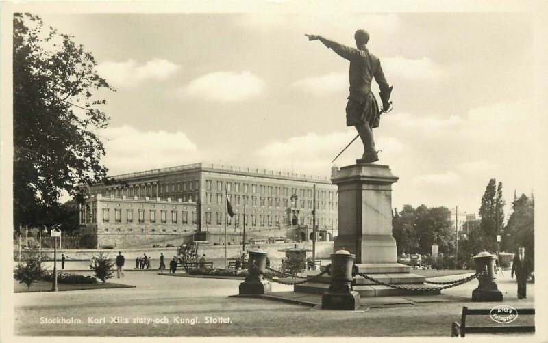 RPPC Postcard: Stockholm Sweden, Karl XII's Statue & Royal Palace, Akta 11737