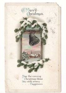 A Merry Christmas, Spruce Bough, Bell, Rural Winter Scene, Vintage 1917 Postcard