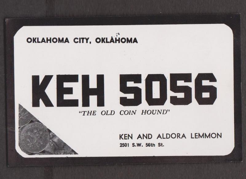 CB QSL Card - Old Coin Hound - Ken & Aldora Lemmon Oklahoma City, Oklahoma