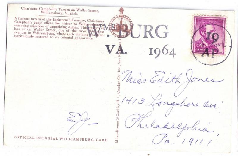 Williamsburg VA Christiana Campbells Tavern 1964 Postmark