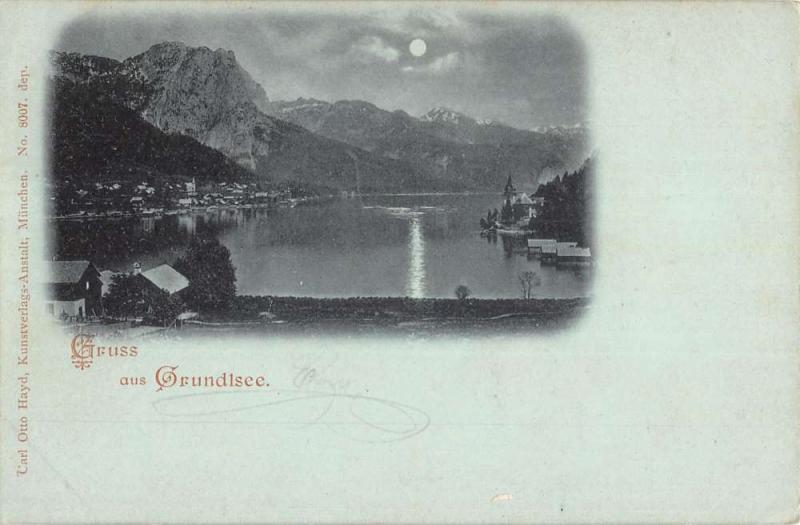 Grundlsee Austria Moonlight Lake Scenic View Town Antique Postcard K22657