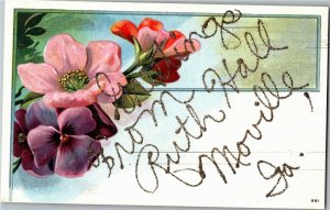 Greetings from Ruth Hall Moville IA Floral Glitter Vintage Postcard B65