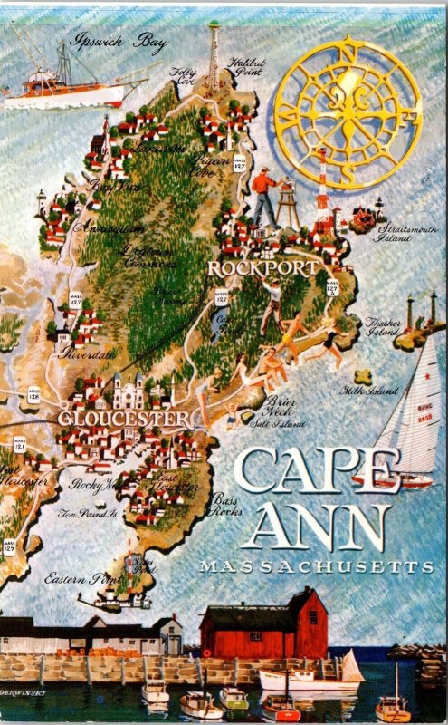 Cape Ann Massachusetts MA Map Painting Postcard UNP VTG Mike Roberts Unused 