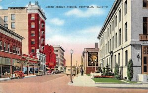 POCATELLO, ID Idaho  NORTH ARTHUR AVENUE Street Scene~Bus  1940 Linen Postcard