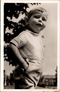 Cute Little Boy in Plaid Shorts Sweet Smile  RPPC Postcard B21