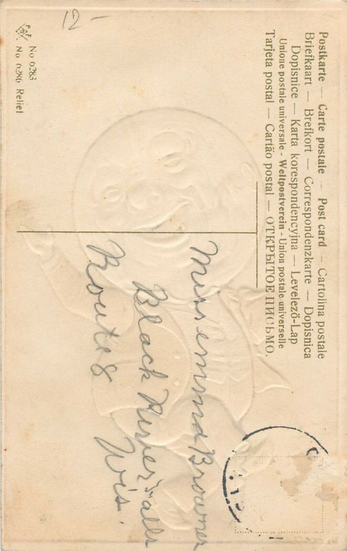 Embossed moon face caricature fantasy old postcard