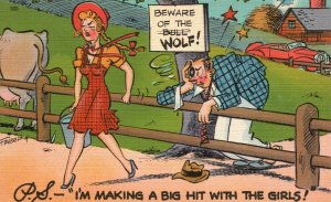 Postcard Man Looking at Woman Beware of the Wolf Big Hit with the Girls Comic