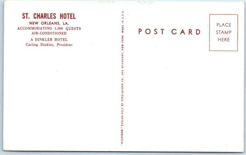 NEW ORLEANS, Louisiana  LA  Roadside  ST. CHARLES HOTEL  ca 1950s  Postcard