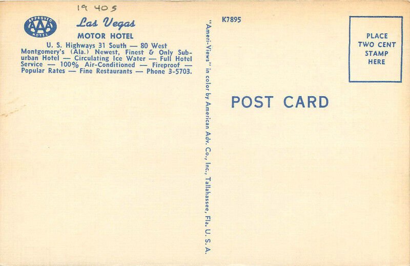 Alabama Montgomery Las Vegas Motor Hotel roadside 1940s Postcard 22-10189