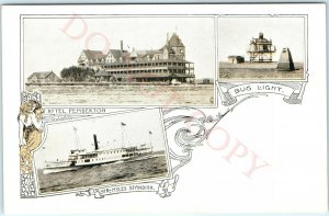 c1900s Boston, MA Hotel Pemberton Bug Light Steamer Myles Standish Postcard A52