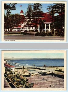 2 Postcards HOTEL DEL CORONADO, California CA ~ TENNIS COURTS & Beach c1940s