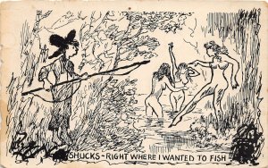 J52/ Interesting Postcard Chrome Nude Skinny Dipping Fishing 275