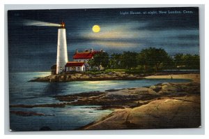 Vintage 1961 Postcard Bay and Lighthouse at Night New London Connecticut