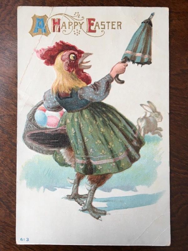 1911 Happy Easter - Chicken Hen In Dress W/ Egg Basket Chasing Off Rabbit Z1