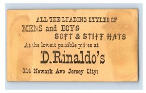 1870's-80's D. Rinaldo Jersey City Stiff Hats Original Victorian Trade Card P24