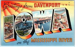 Large Letter Linen DAVENPORT, IOWA  IA  Mississippi River 1940s Tichnor Postcard