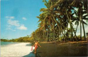 Black Sand Beach Kalapana Big Island of Hawaii HI Woman Leigh Postcard D82