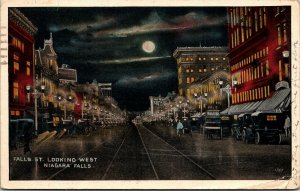 Vtg Niagara Falls NY Falls Street Looking West Night View 1910s Postcard