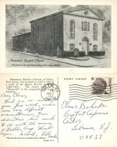 SALEM N.J. MEMORIAL BAPTIST CHURCH 1968 VINTAGE POSTCARD