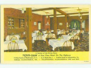 Unused Linen PENN-DAW HOTEL RESTAURANT Alexandria Virginia VA hr7950