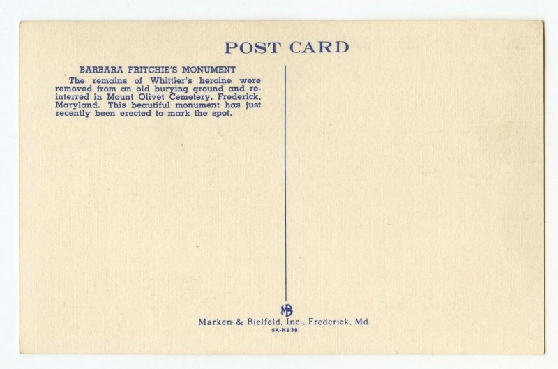 Postcard Barbara Fritchie Monument Frederick MD Maryland Standard View Card 