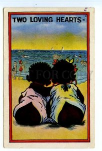 499258 COMIC Two Loving Hearts African-American Kids on Beach Vintage postcard