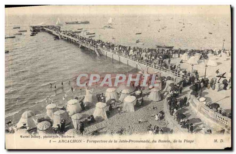 Old Postcard Arcachon Perspective of the Jetee Promenade Bassn the Beach