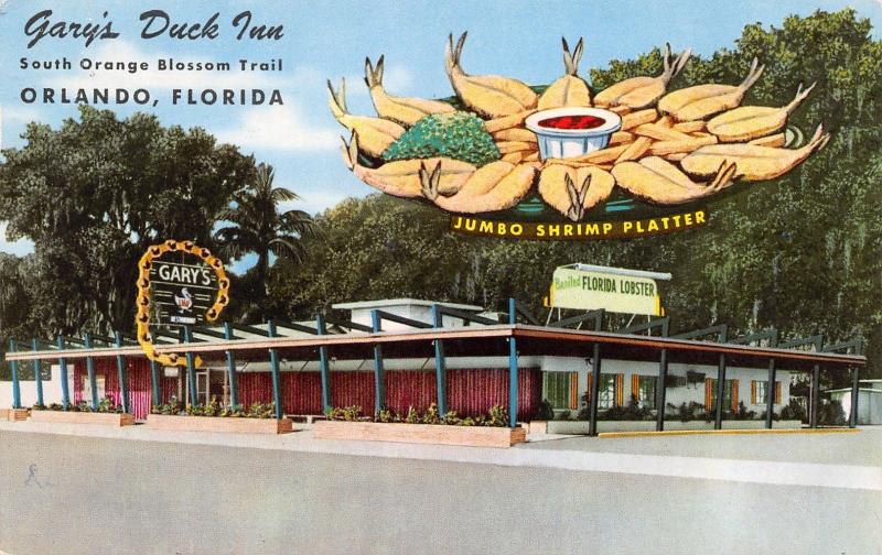 Orlando Florida~Gary's Duck Inn~Roadside Restaurant~Jumbo Shrimp Platter~1960 PC