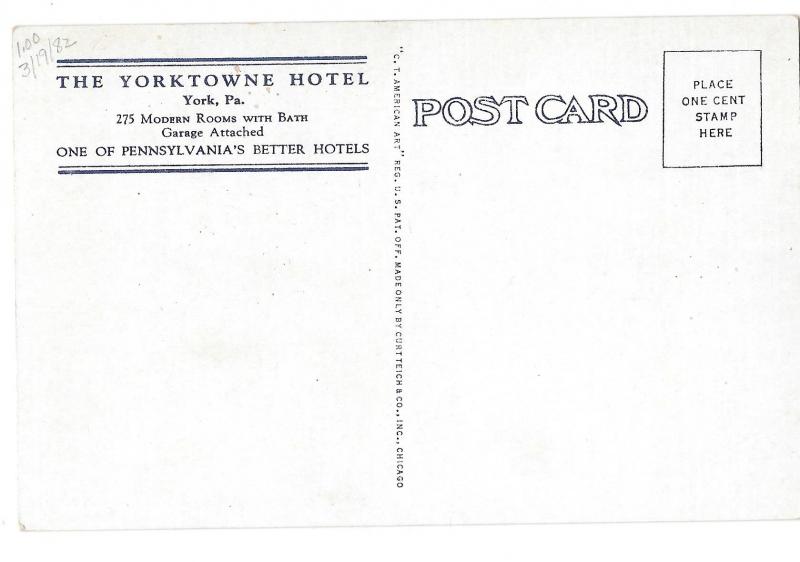 York PA Yorktowne Hotel Vintage Curteich Postcard