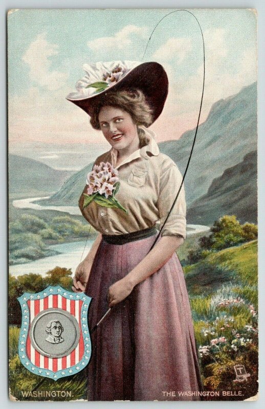 TUCK State Belle~Washington Girl on Mountain Side~Flower Hat~State Seal~ c1910