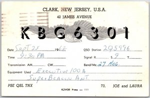 1962 QSL Radio Card KB6301 Clark NJ Amateur Radio Station, Vintage Postcard