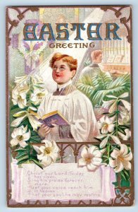 Dundee Illinois IL Postcard Easter Greeting Boy Choir Lily Flowers Embossed