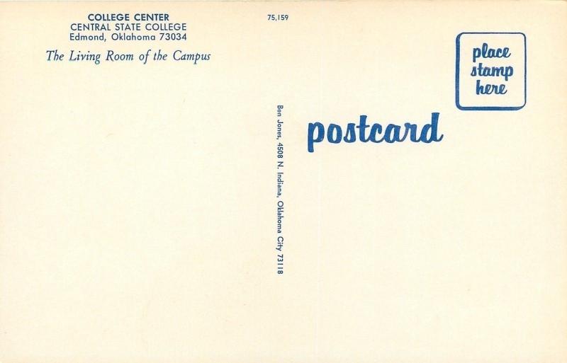 Edmond Oklahoma~Central State College~College Center Building~1960s Postcard 