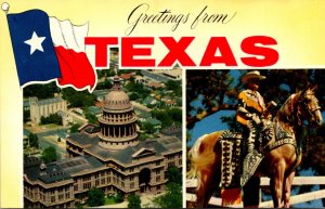 Texas Greetings Showing State Capitol Building and Cowboy On Horseback