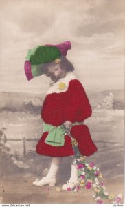 Red Applique dress & green hat on little girl, Rope of flowers, 1900-10s