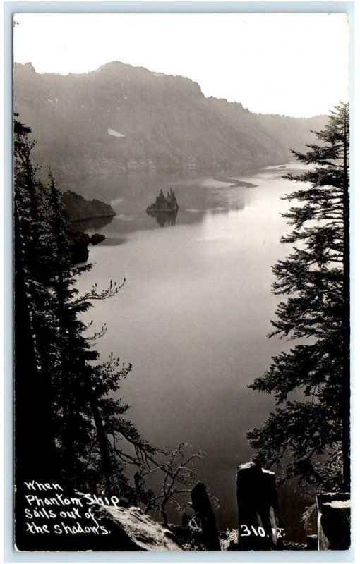 RPPC CRATER LAKE NATIONAL PARK, OR ~ Phantom Ship c1930s Patterson Postcard