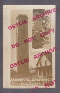 Angola INDIANA RPPC c1910 HALLOWEEN PRANKS Water Tower WAGON WHEELS Pranksters