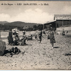 c1920s La Seyne France Postcard Les Sablettes Beach Swimmers Le Hall Casino