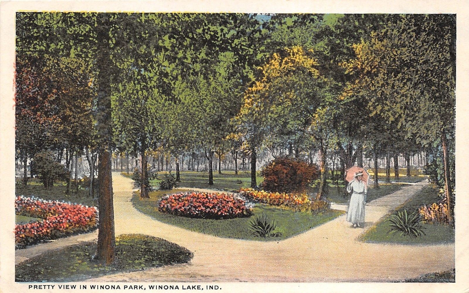 Winona Lake IndianaWinona Park ViewLady with Pink Umbrella by Flower