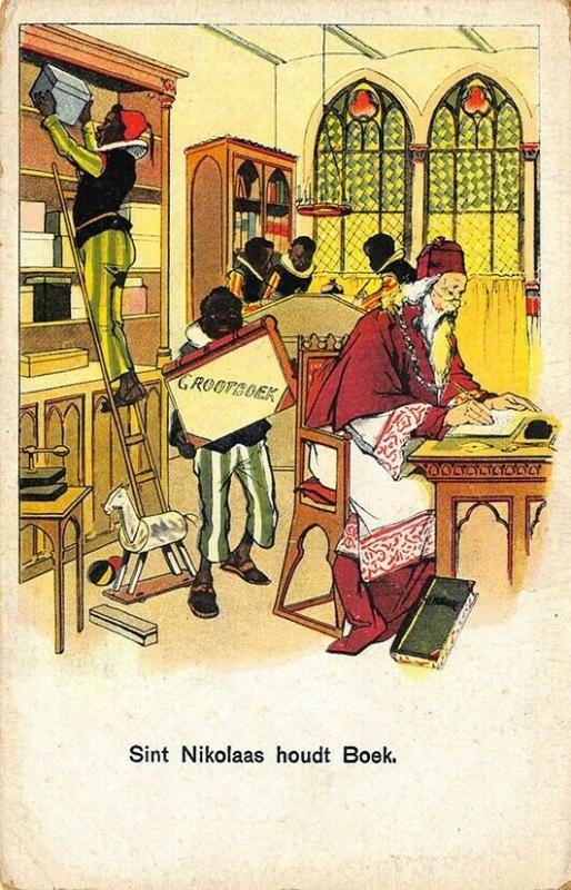 Sint Nikolaas keeps Book Santa Claus Black Helpers 41929 Dutch Postcard